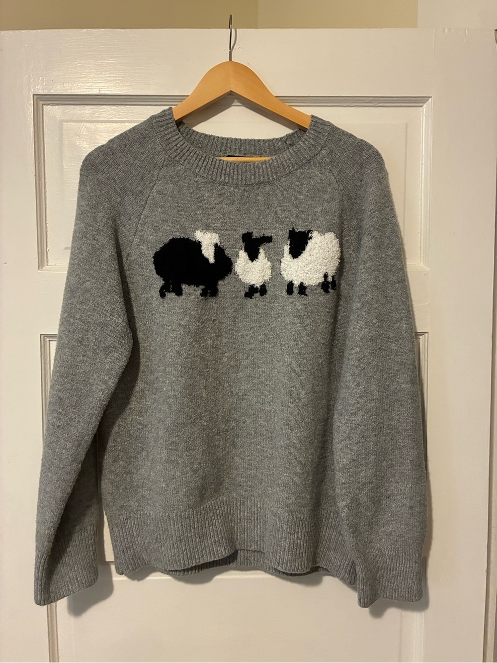 bobeau Grey Crewneck Sweater with Black & White Sheep Intarsia